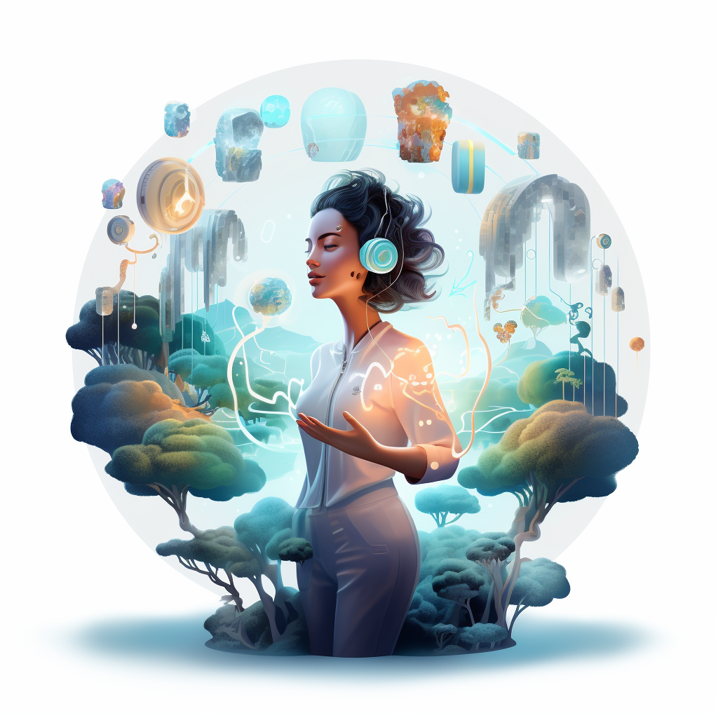 AI generated woman surrounded by electronics and trees