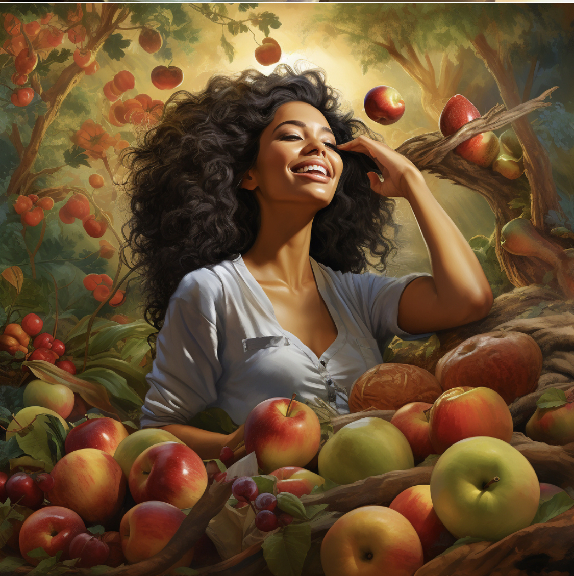 woman surrounded by apples